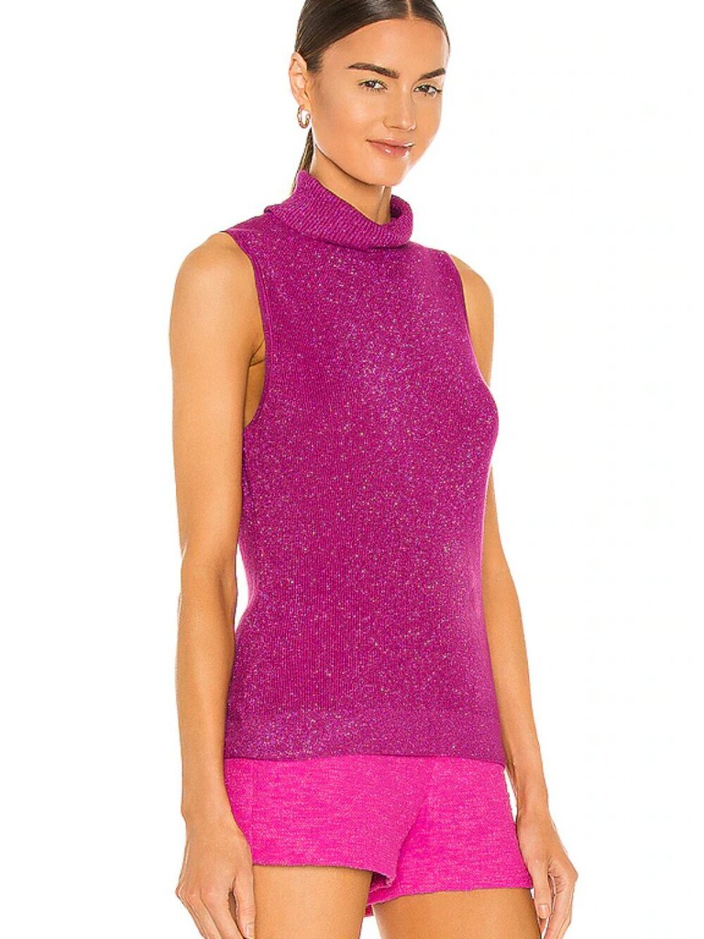 L'Agence Sabrina Metallic Sleeveless Turtleneck Top Rose Violet NWT